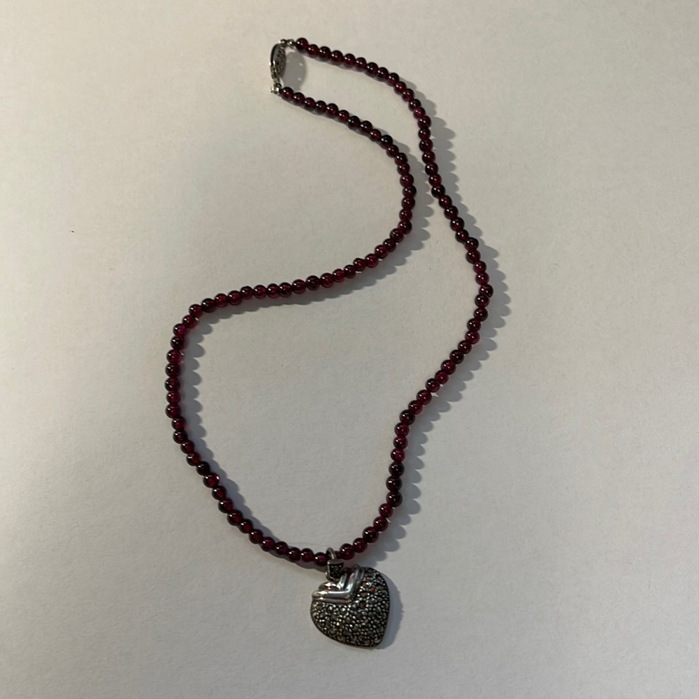 Garnet Necklace with marcasite heart pendant  16” - beautiful!